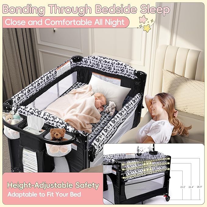 Xilingol 5-in-1 Baby Bassinet Bedside Sleeper, Portable Toddler Crib with Diaper Changing Station, Carry Bag, Cosleeper Bassinet Attach to Bed for Newborn to Toddlers