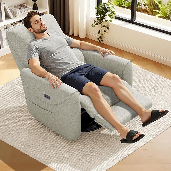 KINGYES Nursery Rocking Chair, Glider Rocking Chair for Nursery, 270° Swivel Glider, Bluetooth Speaker & USB-C Port, Fabric Nursery Recliner Sofa, Gray