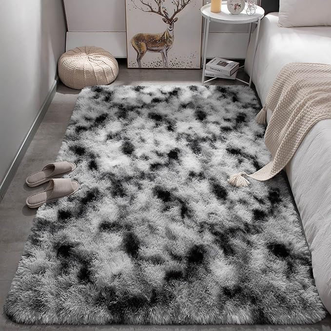 Meralax Tie-Dyed White and Black Rugs for Living Room Bedroom, 4x6 Soft Area Rug Fluffy Shaggy Bedside Rug, Machine Washable Indoor Floor Carpet for Kids Girls Boys, Dorms, Nursery Rooms, Home Decor