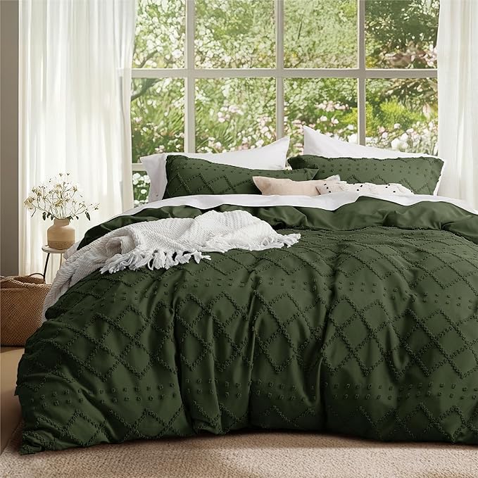 Bedsure Boho Twin Duvet Cover Size - Dark Green Breathable & Soft Boho Bedding, Machine Washable Comforter Cover for All Seasons, Includes 1 Duvet Cover 68"x90" with 1 Pillow Sham & Zipper Closure