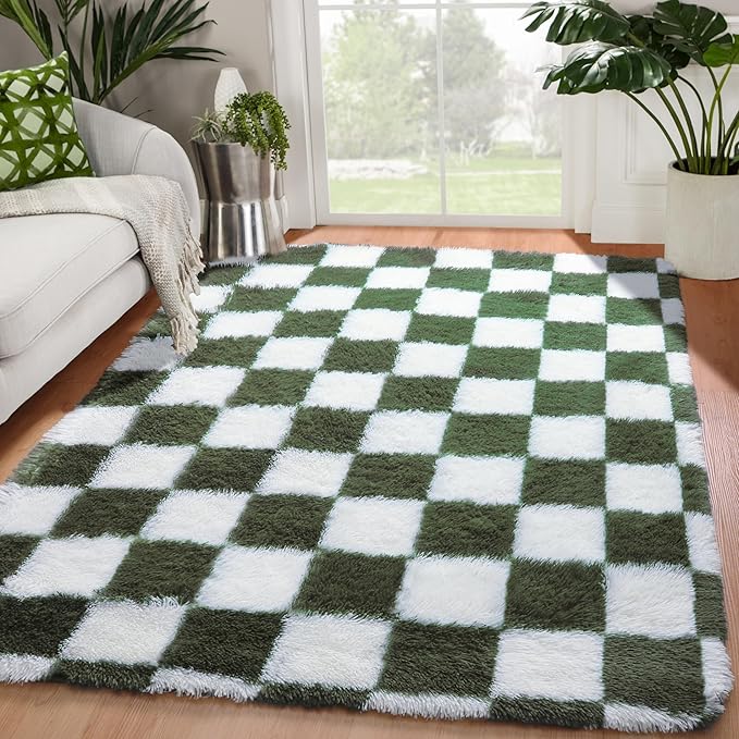 KICMOR Area Rugs for Bedroom Living Room, 4x6 Soft Fluffy Olive Green and White Checkered Shag Rug Fuzzy Shaggy Plush Bedside Carpet, Non-Slip Indoor Floor Rug for Boys Girls Room Nursery Home Decor