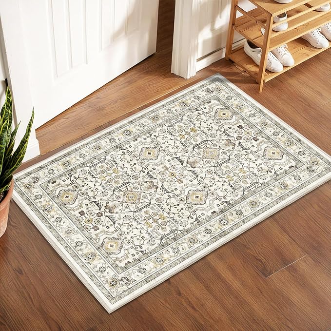 WITSHOCK Door Mat Indoor Entrance 2x3 Machine Washable Non Slip Backing Mat Soft Foldable,Vintage Rugs Mats, Throw Rugs for Front Door, Entryway Rug, Cream Color