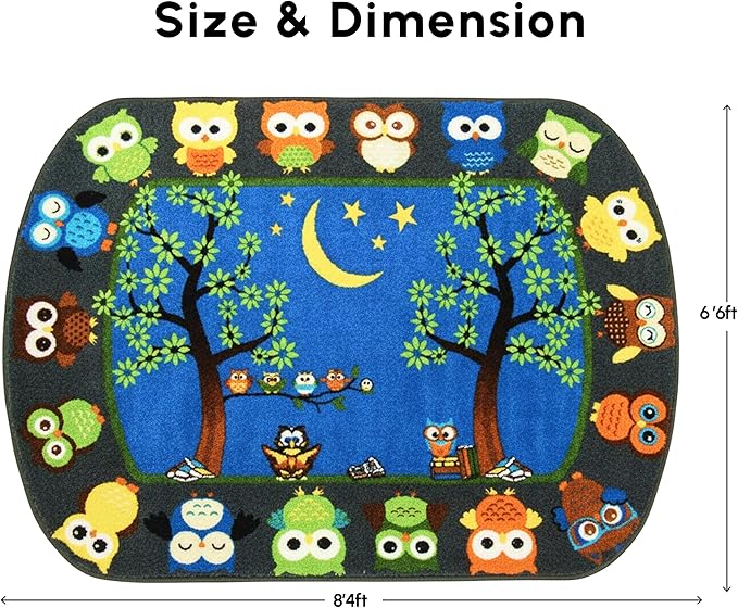 SAFECASTLE Kids Carpet Story Time Owl Rug – 6'6" x 8'4" – Large Multicolored Nylon Educational Area Rug – Learning Carpet for Kids, Toddlers, Classroom, Nursery, Playroom, Daycare & Bedroom