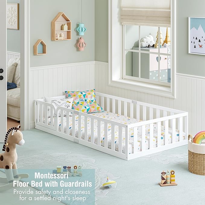 Spirich Twin Size Kids Floor Bed Frame with Fence and Door, Solid Wood Montessori Floor Bed for Kids with Safety Guardrails, Twin Bed Frame for Boys and Girls, White