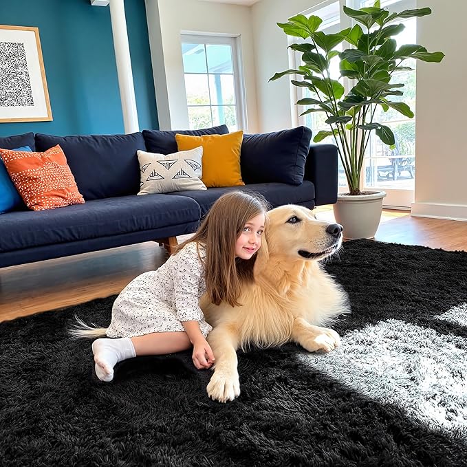 4x6 Area Rug for Living Room, Modern Black Super Shag Shaggy Soft Washable Fluffy Rugs Indoor Fuzzy Carpet for Bedroom Home Dorm Aesthetic Decor
