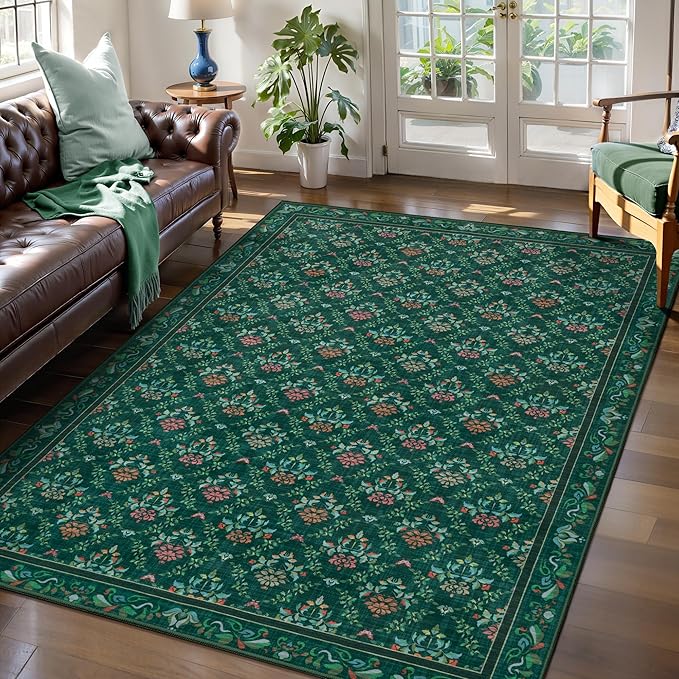 Tangsoo 5x7 Washable Area Rug, Non Slip Moroccan Trellis Green Floral Indoor Rug, Soft Low Pile Floor Carpet for Living Room, Bedroom, Dining Room, Pet & Child Friendly Room Decor, Easy to Clean