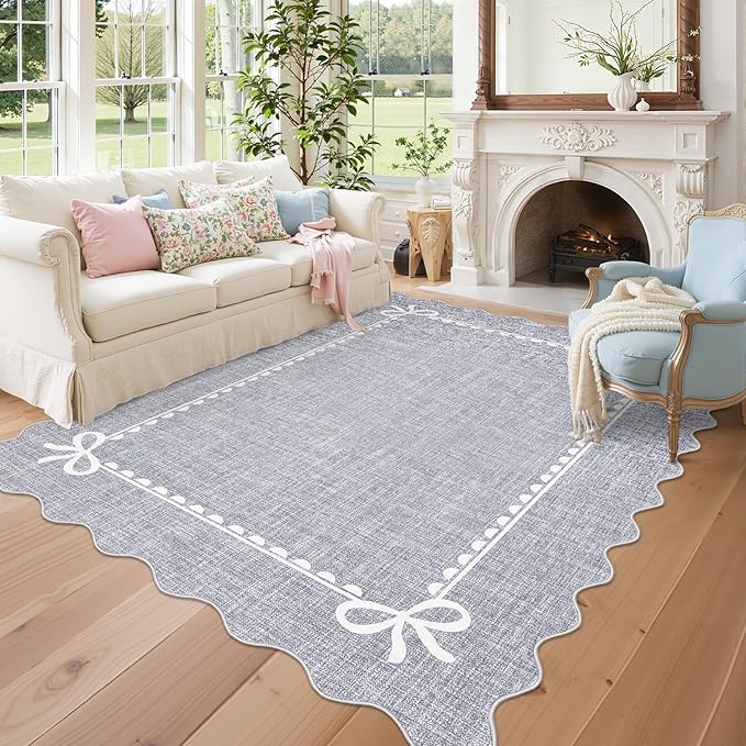 GarveeHome Scalloped Bow Rug for Living Room, Solid Grey Rug for Dorm, Washable Rugs 5x7 Soft Low Pile Non Slip Scalloped Rugs for Nursery College Bedroom Decor Kids Room Playroom