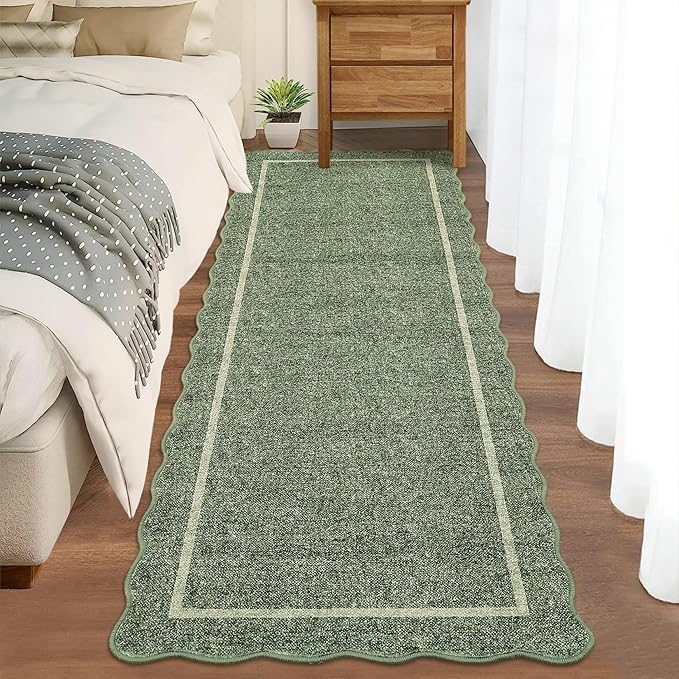 GarveeHome Scalloped Washable Runner Rug 2x6 Runner Modern Non Slip Kitchen Rugs Farmhouse Entryway Rug Soft Bathroom Rugs Stain Resistant Carpet for Laundry Bedroom 2 ft x6 ft Greyish Green