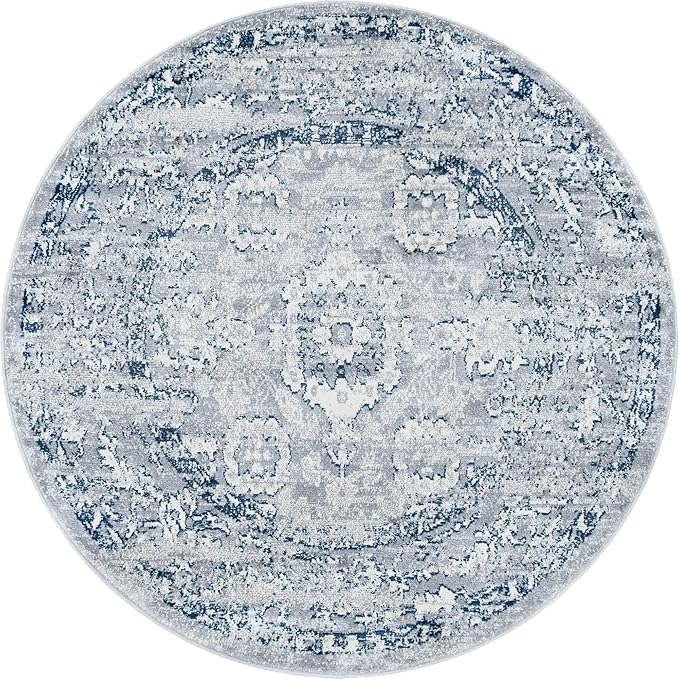 Rugs.com Charleston Collection Rug – 5 Ft Round Gray Low-Pile Rug Perfect for Kitchens, Dining Rooms