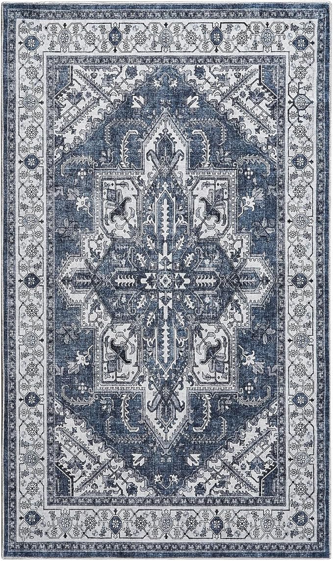 WITSHOCK Living Room Area Rugs 3x5: Washable Rug Boho Soft Non-Slip Low Pile Stain Resistant Foldable Carpet for Bedroom Playroom Dining Room Office Kitchen Farmhouse Home Decor Rug-Blue