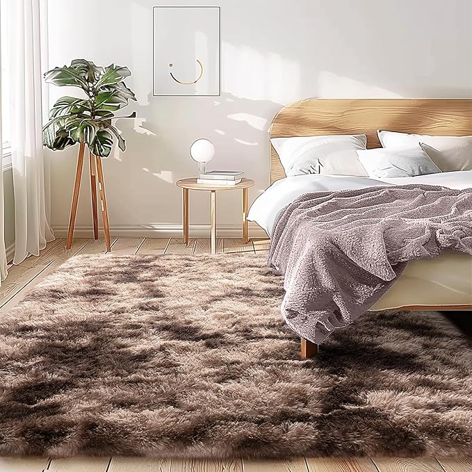 5x7 Shag Area Rug - Fluffy Fuzzy Nursery Kids Girls Room Rug - Soft Plush Furry Bedside Carpet - Tie-Dyed Brown