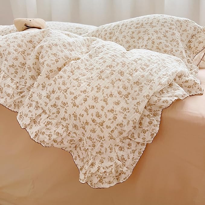 AOJIM Floral Muslin Duvet Cover for Girls Boys, 1 Piece Pure Cotton Toddler Bedding Duvet Cover with Ruffled Edge, Camellia Pattern Kids Comforter Cover 2-layer Gauze, 59X79'', No Quilt or Pillowcases