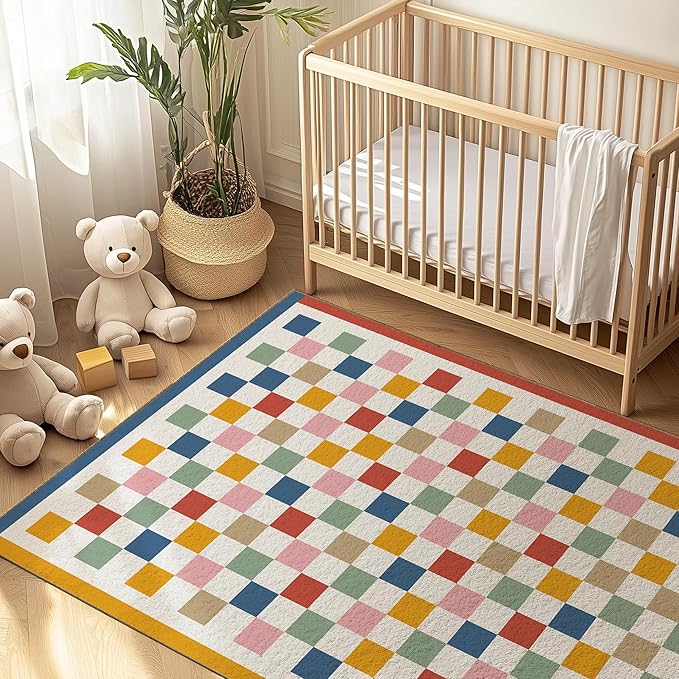 Washable 8x10 Checkered Area Rug for Living Room, Colorful Rainbow Checkerboard Modern Large Rugs, Ultra Thin Low Pile Lightweight Indoor Carpet with Non-Slip Backing for Bedroom Kids Nursery Playroom