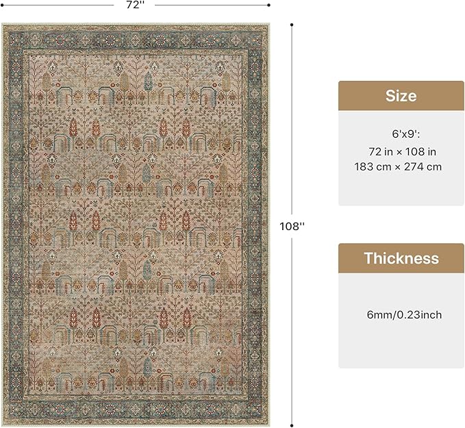 GENIMO Vintage Area Rug 6x9, Boho Living Room Rug with Non-Slip Backing, Machine Washable Low Pile Indoor Carpet for Bedroom, Dining Room, Nursery Room, Brown