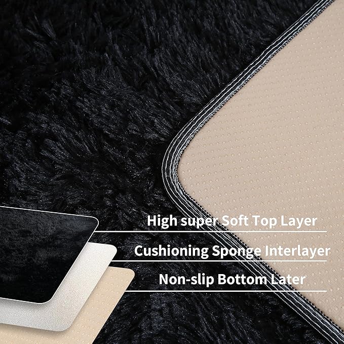 6x9 Black Fluffy Shag Rug for Bedroom Living Room, Ultra Soft Plush Fuzzy Washable Floor Non Slip Cozy Large Area Rug for College Dorm, Modern Comfy Shaggy Carpet for Kids Baby Nursery