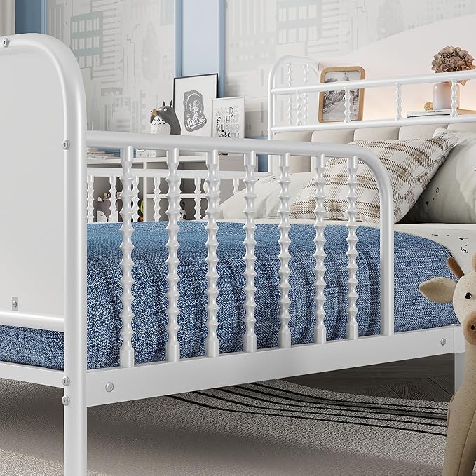 Ball & Cast Full Size Toddler Bed W/LED Light,Metal Bed W/Linen Fabric Upholstered Storage Headboard,Platform Bed Frame W/Safety Guardrails & Low Profile Design,for Boys Girls,White