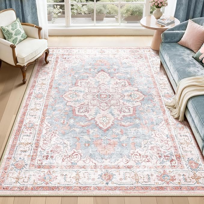 Machine Washable Rugs Nursery Rug 5x7 Cute Girl Non Slip Low Pile Water Repellent Soft Print Pattern for Bedroom Indoor Decor Kids Playroom Pinkblue