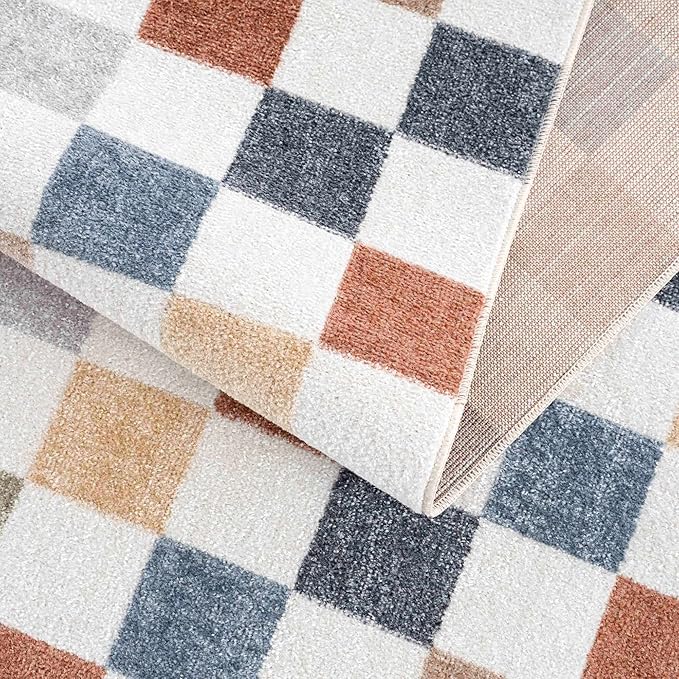 BoutiqueRugs Alia Colorful Modern Checkered Area Rug - Contemporary Geometric Carpet for Hallway, Nursery, Playroom, Girls Boys Room - Machine Washable - White, Blue, Peach, Rust - 9'2" x 12'