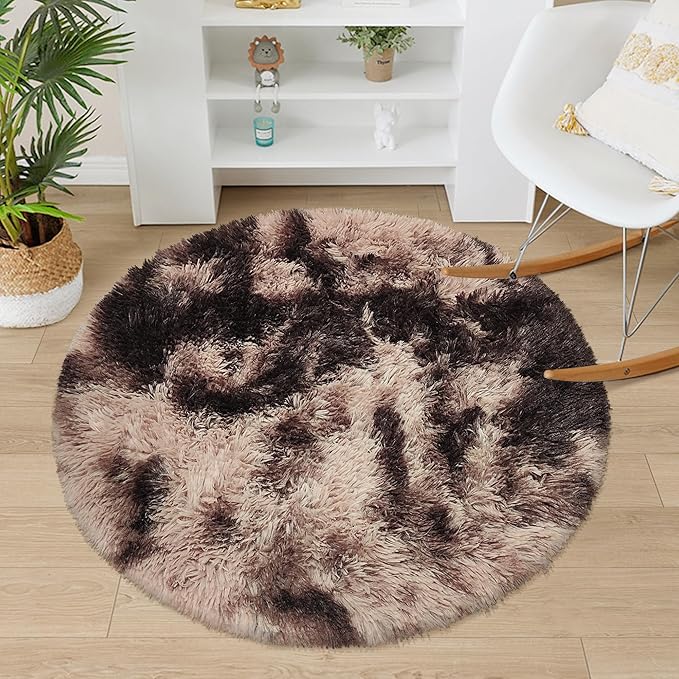 3 ft Small Brown Round Rug for Bedroom,Tie Dyed Soft Shaggy Circle Rug Fluffy Plush Round Carpet for Kids Girls Boys Room Baby Nursery Living Room Playroom Home Décor
