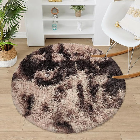 3 ft Small Brown Round Rug for Bedroom,Tie Dyed Soft Shaggy Circle Rug Fluffy Plush Round Carpet for Kids Girls Boys Room Baby Nursery Living Room Playroom Home Décor