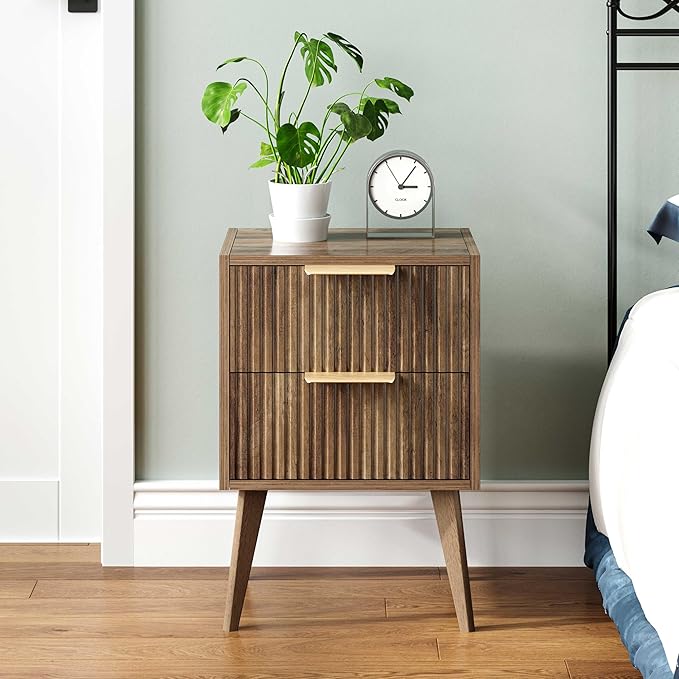 Nightstand with 2 Drawers,Mid Century Modern Bedside Table with Handles,Fluted Side Table with Solid Wood Legs,Walnut Brown End Table for Living Room,Bedroom,Caramel Oak CTG55BR