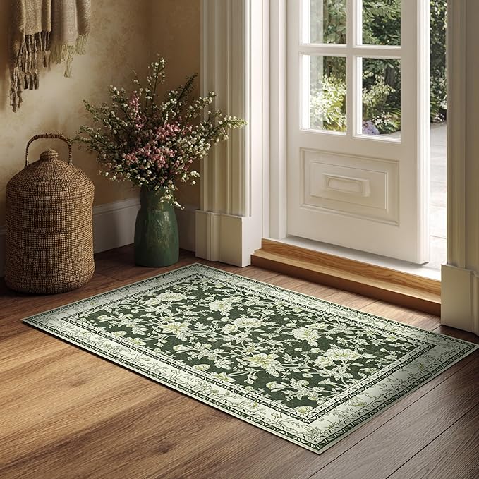 Olive Green Floral Print Area Rugs for Bedroom Living Room Boho Farmhouse Country Rustic Dining Room Carpet Soft Washable Rugs Non Slip Floor Covering for Nursery Playroom 2x3