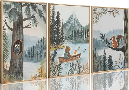 3Pcs Woodland Animal Nursery Canvas Wall Art Cute Watercolor Forest Wild Animals Bear Owl Squirrel Painting Picture Wall Decor Poster Print Artwork for Boy Girl Kids Bedroom Home Decoration Unframed