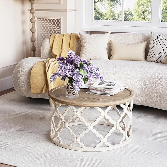 karlott Farmhouse Coffee Table, French Country Round Coffee Table with Distressed Tray Top, Coastal Coffee Table with Curved Motif Frame Base, Boho Coffee Table for Living Room, Dining Room, Bedroom
