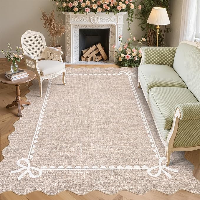 GarveeHome Scalloped Bow Rug for Living Room, Solid Camel Rug for Dorm, Washable Rugs 8x10 Soft Low Pile Non Slip Scalloped Rugs for Nursery College Bedroom Decor Kids Room Playroom
