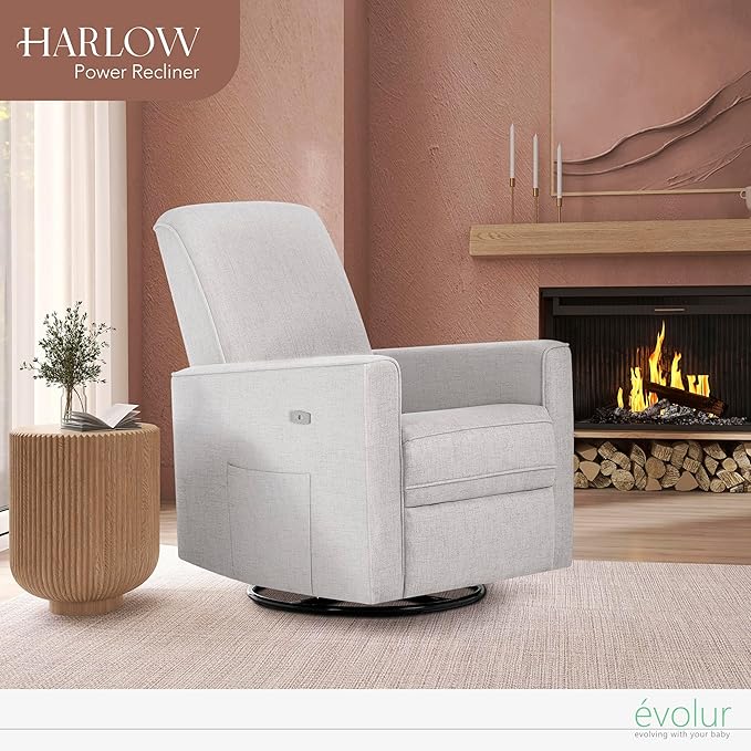 Evolur Harlow Upholstered Power Glider Recliner with USB Charging – Rocking & 275° Swivel with Smooth Glide – Greenguard Gold & FSC Certified – Modern Nursery and Living Room Chair in Fog