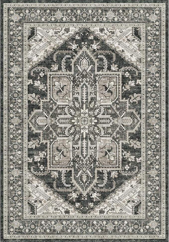 WITSHOCK Living Room Area Rugs 5x7: Washable Rug Boho Soft Non-Slip Low Pile Stain Resistant Foldable Carpet for Bedroom Playroom Dining Room Office Kitchen Farmhouse Home Decor Rug-Bitter Black