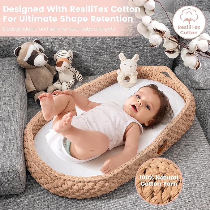 Handmade Baby Changing Basket Set with a Soft Changing Pad and Waterproof Cover,Diaper Organizer,Rattle Shaker, Moses Basket, Changing Table Topper for Dresser| Boho Bassinet, Handmade Crochet Basket