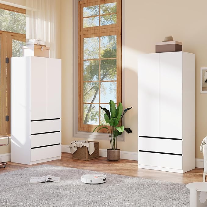 White Armoire Wardrobe Closet with 2 Doors, 75" Bedroom Wardrobe Closet for Hanging Clothes, Modern Wood Storage Closets Cabinet with System (A+B, 63")