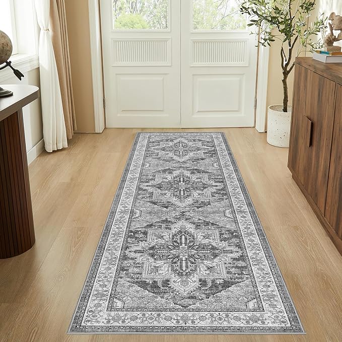 WITSHOCK Kitchen Runner 3x10: Washable Long Runner Vintage Boho Low Pile Stain Resistant Foldable Carpet for Bedroom Hallway Entryway Indoor Entrance, Oriental Distressed Farmhouse Home Decor, Grey