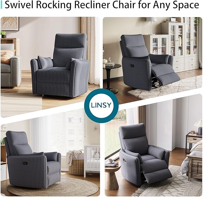 LINSY 360 Swivel Nursery Recliner - Corduroy Glider Rocking Chair with 2 Pillows, Comfy High Back Adult Recliner for Small Spaces, Nursery Bedroom Living Room Reclining Chairs, Gray