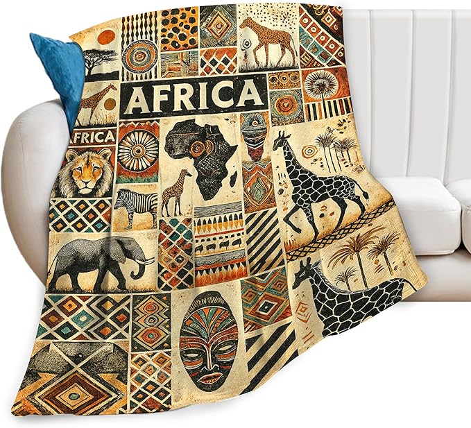 African Tribal Map Ethnic Pattern Blanket Vintage African Safari Animals Throw Blanket Soft Cozy Fleece Fuzzy Plush Warm Stuff Bedding Blankets Gifts for Boys Girls Kids Adult Men Women 50"X60"