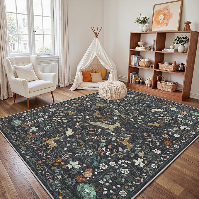 6x9 Area Rugs for Living Room Floral Animal Print Carpet Washable Non-Slip Large Rug Low Pile for Indoor Bedroom Dining Room Nursery Home Office Farmhouse Kids Play Room Black