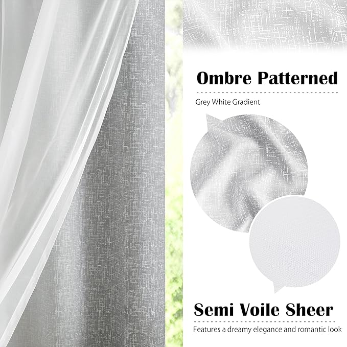 100% Blackout Curtains with Sheer Overlay Mix and Match Double Layer Drapes 63 Inch Length 2 Panels for Bedroom Living Room Grey White Ombre Grommet Window Treatment with Tiebacks