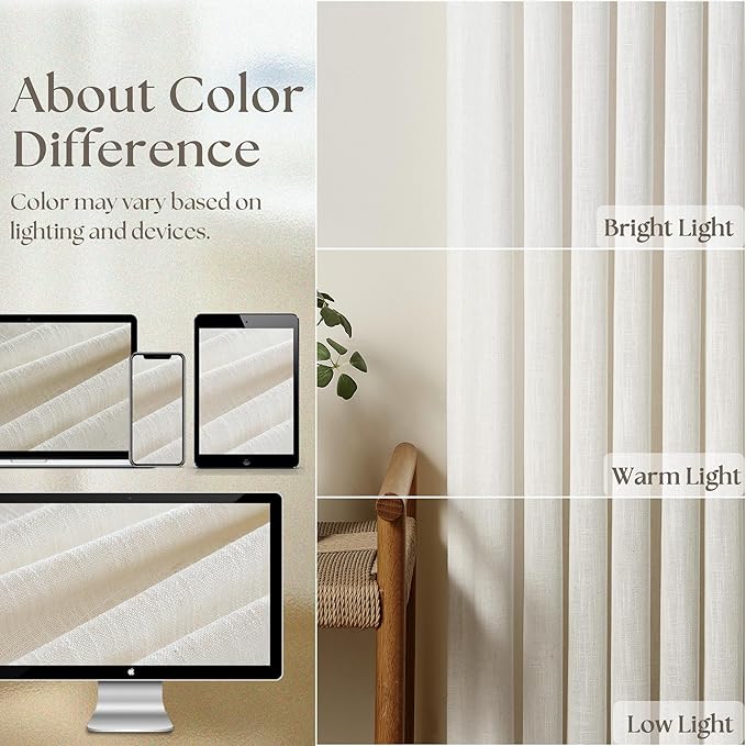 Extra Wide Pinch Pleat Linen Curtains 108 Inches Long for Living Room Sliding Glass Door 70 Inch Wide Semi Sheer Curtain Cream Ivory Boho Pleated Drape Hooks Rings 70x108 Large Window Curtain 1 Panel