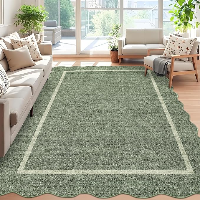 GarveeHome Scalloped 3x5 Area Rug Washable Rug for Entryway, Super Soft Entryway Rug Non-Slip, Printed Faux Wool Floral 3x5 Area Rug Thin Floor Carpet for Kitchen, Bedroom, Office, Living Room, Green