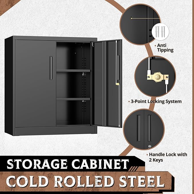 Crownland 36” Metal Storage Cabinet, Lockable Garage Storage Cabinets, Office File Cabinet with Adjustable Shelves for Garage, Home Office, Classroom, Pantry, File(Classic Black-Narrow Size)