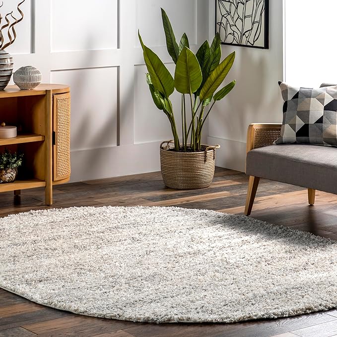 nuLOOM Brooke Shag Tasseled Area Rug - Oval 7x9 Shag Area Rug Casual Ivory Rugs for Living Room Bedroom Dining Room Nursery