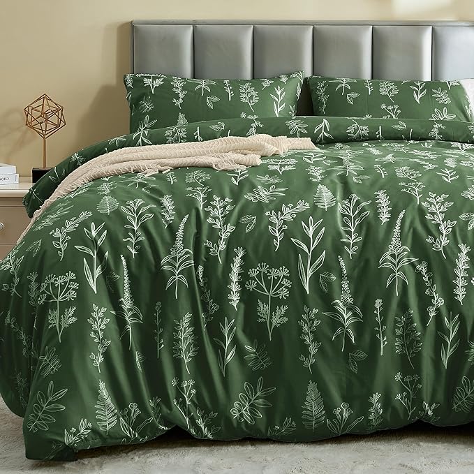MUXHOMO Duvet Cover Full Size, Reversible Floral Dark Green Duvet Cover Set with Zipper Closure, 3 Pieces Botanical Patterns Soft Microfiber Bedding Set with 4 Ties (80"x90", 2 Pillow Cases)