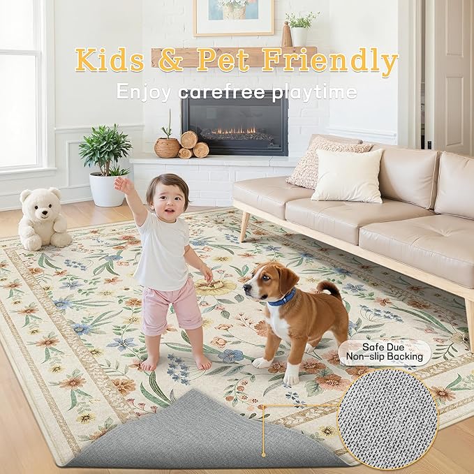 Beige Floral Washable Rug 7x9 – Large Vintage Boho Non-Slip Carpet, Soft Low Pile Thin Stain Resistant Area Rug for Living Room, Bedroom, Dining Room, Nursery, Farmhouse, Home Office