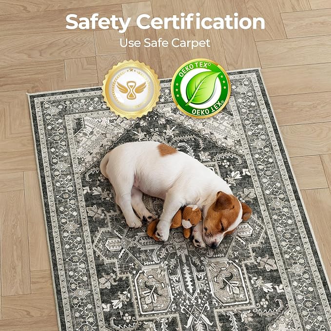 WITSHOCK Boho Area Rugs Machine Washable for Living Room Bedroom, 2x6 Vintage Non-Slip Stain Resistant Floor Carpet Indoor for Bedroom Kitchen Entryway Bathroom, Bitter Black