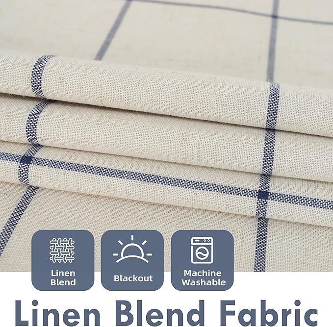 DriftAway 2 Panels 100% Blackout Windowpane Plaid Linen Curtains Double Layer Drapes for Bedroom 96 Inches Long Farmhouse Thermal Insulated 3.25 Inch Rod Pocket Back Tab for Living Room Navy Blue