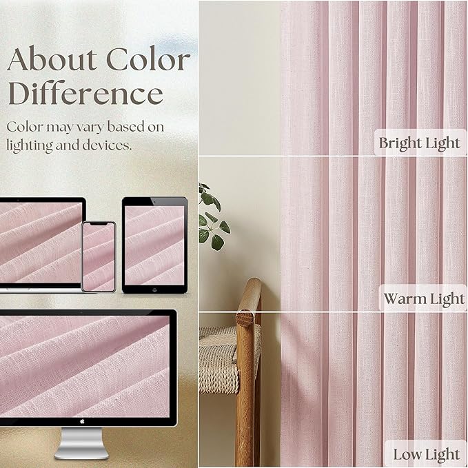 Elegant Blush Pink Semi Sheer 102 Inch Curtains Cotton Linen Textured for Living Room Bedroom Nursery Soft Light Filtering Drapes Dusty Pink Pinch Pleated Curtains with Rings Hooks 2 Panels Set