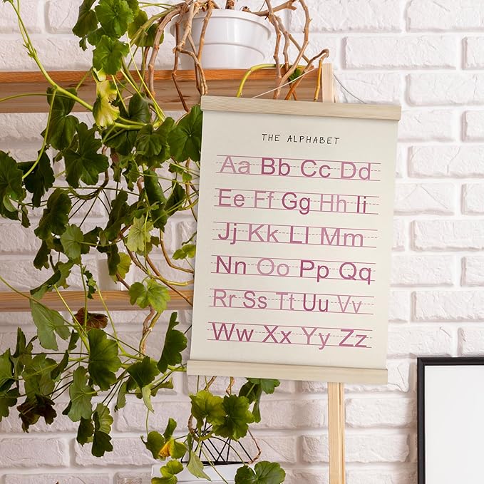 HRQKO Alphabet Numbers Poster Hanger Frame Set of 2, Pink Girls Nursery Wall Decor, ABC Poster Wall Art with Wooden Frames, Pink Alphabet Banner Wall Hanging Decor for Toddler Playroom, 12x16 Inch
