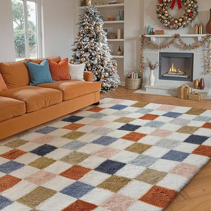 Checkered Rug 5x8 for Living Room, Modern Rainbow Shag Rug Super Soft Washable Indoor Fuzzy Carpet Non-Slip Fluffy Rugs for Bedroom Home Aesthetic Decor