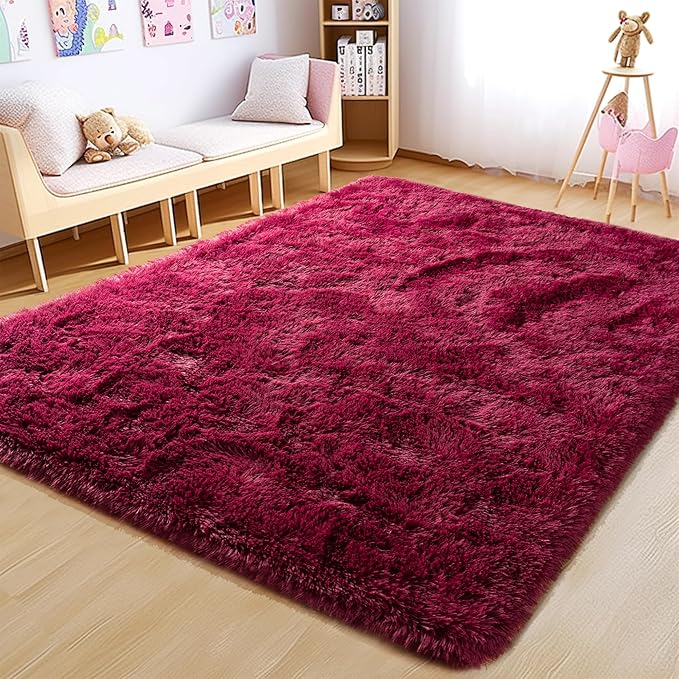 4x6 Rug - Non-Slip Rugs for Living Room - Height Pile 1.4" Plush Rug - Fluffy Throw Carpet for Bedroom - Burgundy